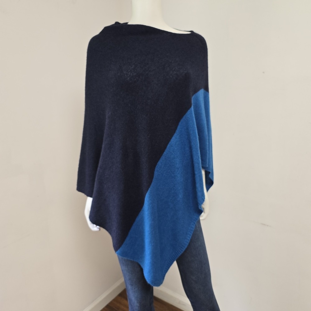 Kinross 100% Cashmere Pullover Poncho Colorblock Navy Blue One Size Luxury